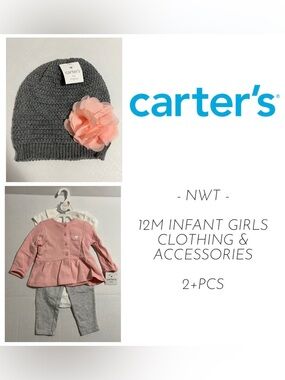 🆕CARTER’S - 12M - NWT - 2+PCS - INFANT GIRLS HEART CARDIGAN OUTFIT AND HAT LOT